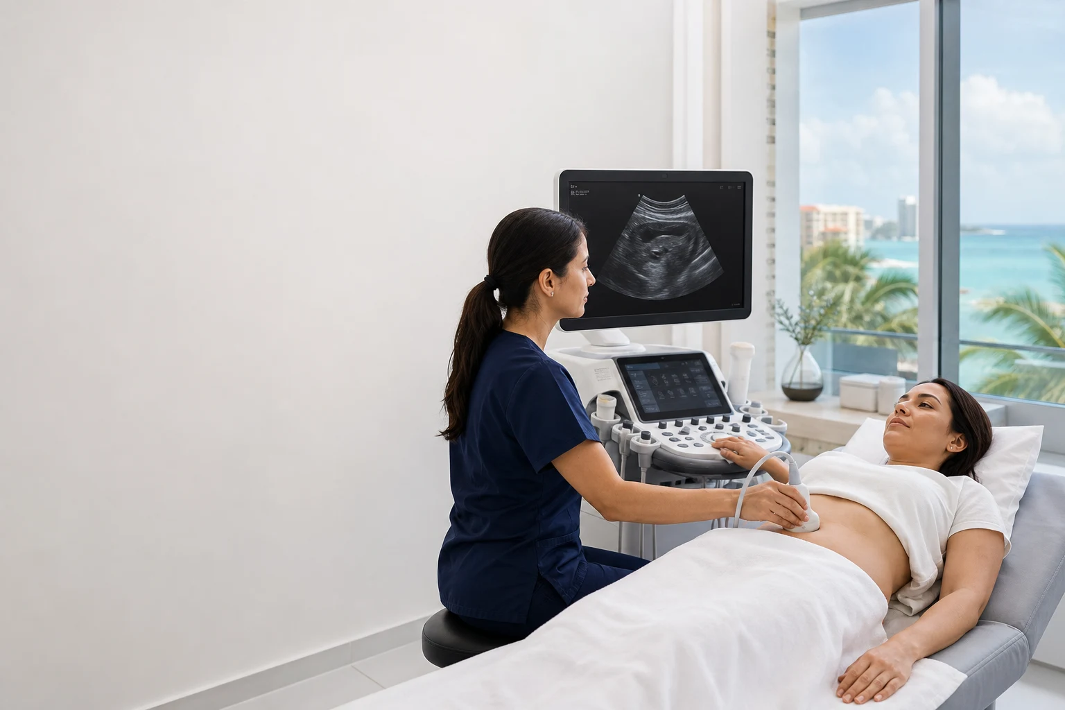 Medical professional performing an abdominal ultrasound in a Cancun clinic